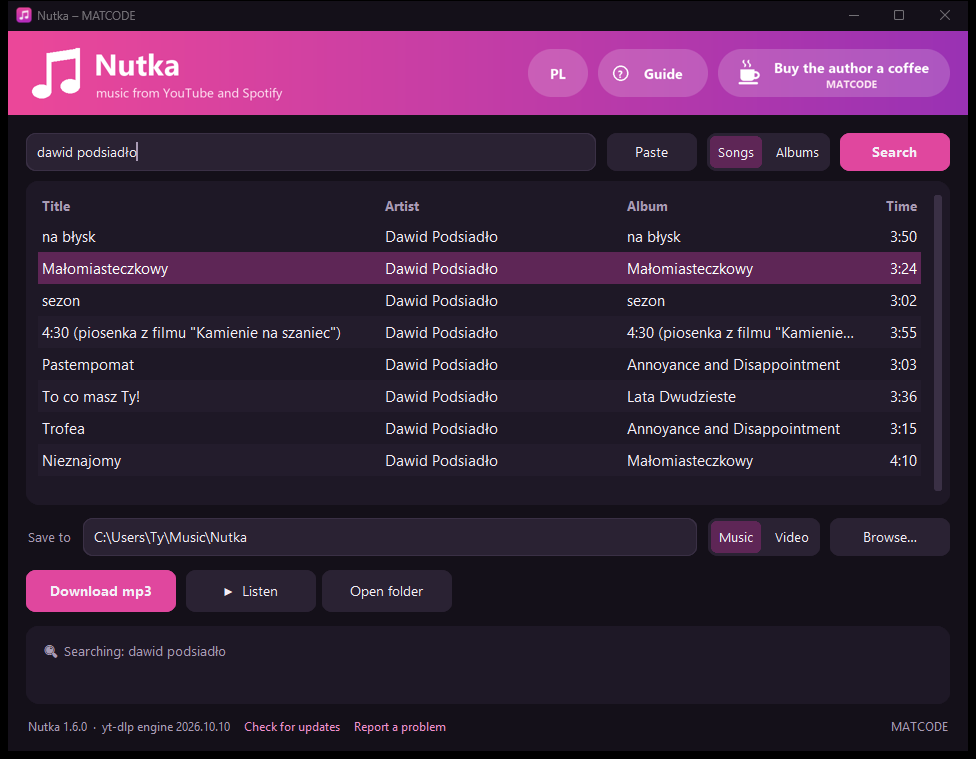 The Nutka window: search results for Dawid Podsiadło with one selected, the Link and Save to fields below, and the Download mp3 and Listen buttons