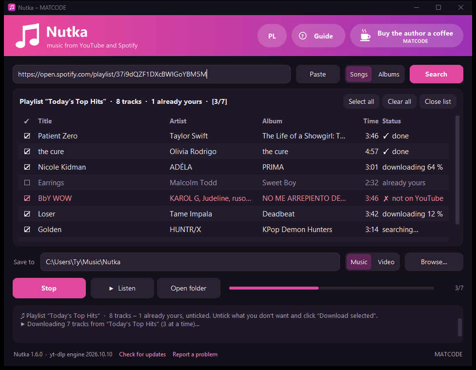 Nutka with a Spotify playlist loaded: a list of tracks with tick boxes and a download status next to each, the Stop button and a progress bar
