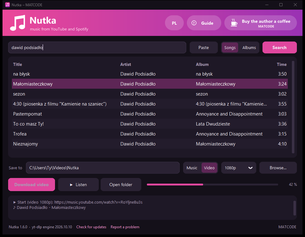 The Nutka window in Video mode: the Music / Video switch set to Video, the 1080p quality list next to it, the Save to field showing the Videos folder, the Download video button and a progress bar