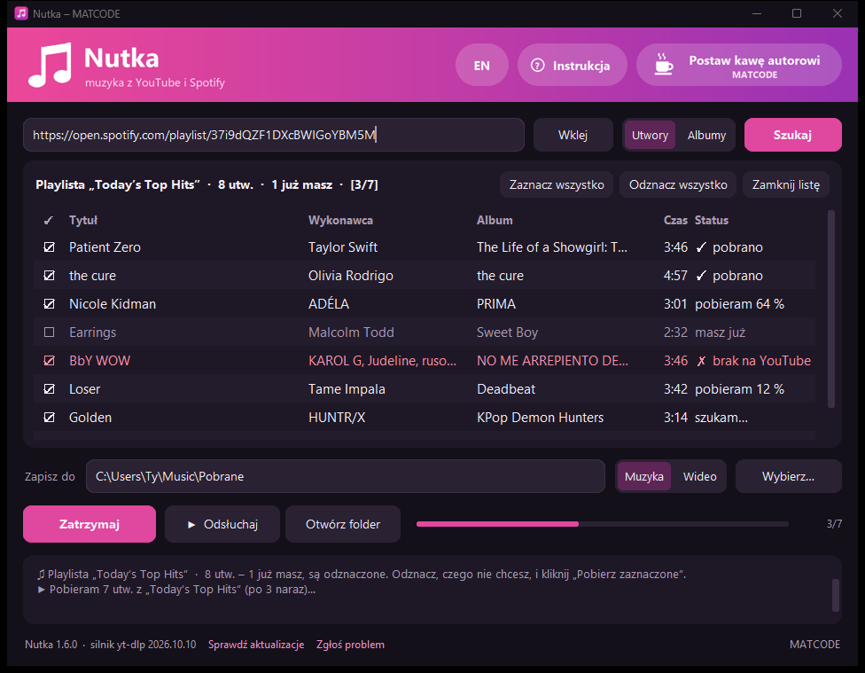 Nutka z wczytaną playlistą Spotify: lista utworów z ptaszkami i stanem pobierania przy każdym, przycisk Zatrzymaj i pasek postępu